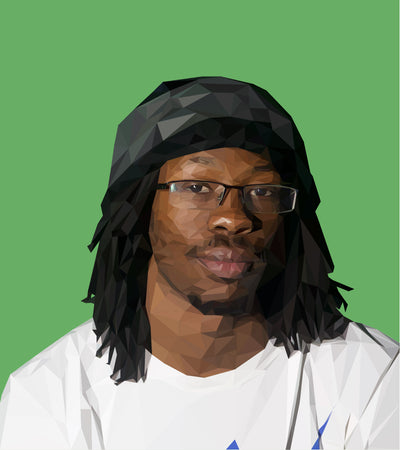 Polygonal portrait of person with glasses and a white shirt against a green background