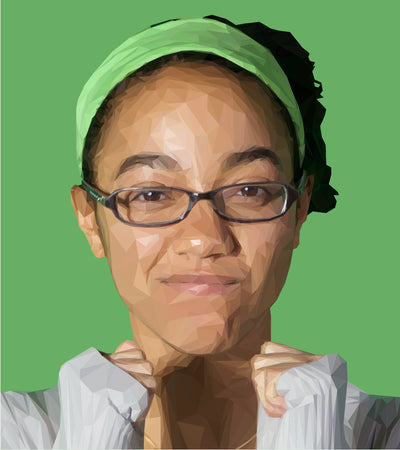 Polygonal portrait of person wearing glasses and a green headscarf on a green background