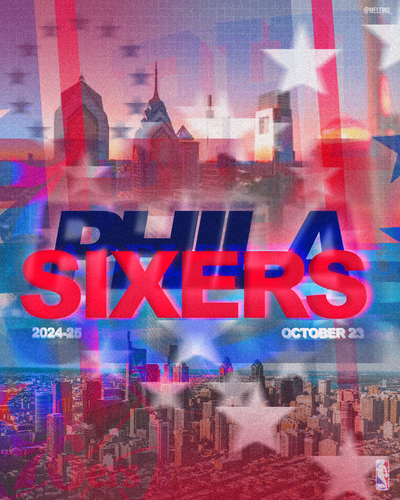 Promotional poster for Philadelphia 76ers with city skyline and star graphics