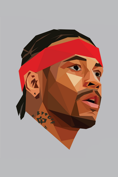 Polygonal Allen Iverson portrait wearing a red headband on a gray background