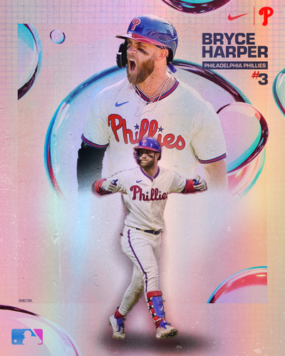 Sports poster graphic of Bryce Harper in Philadelphia Phillies uniform with colorful background