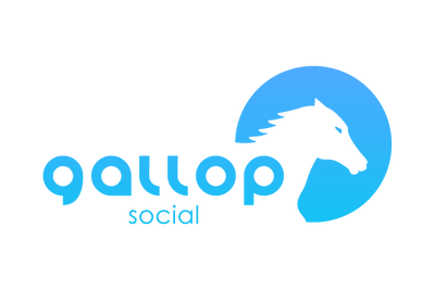 Full lockup logo of Gallop Social with a blue horse silhouette on a transparent background
