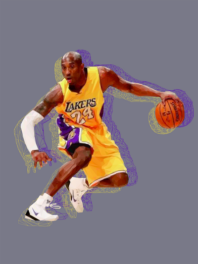 Polygonal Kobe Bryant portrait in Lakers jersey dribbling a ball on a gray background