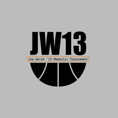 Black 'JW13' logo design and 'Joe Walsh '13 Memorial Tournament' text on a gray background with a basketball graphic.