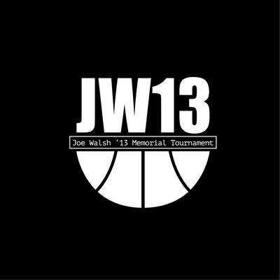 White 'JW13' logo design and 'Joe Walsh '13 Memorial Tournament' text on a black background with a basketball graphic.