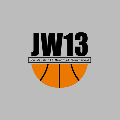 'JW13' logo design and 'Joe Walsh '13 Memorial Tournament' text on a gray background with a basketball graphic.