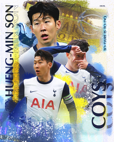 Graphic poster of Son Hueng-Min in a Tottenham Hotspur jersey with stadium background in a street art style