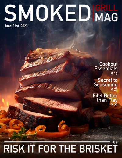 Cover poster for concept magazine, Smoked Grill Mag, with sliced smoked meat and peppers, featuring cooking articles