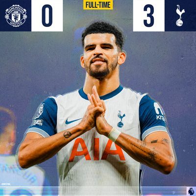 Final score bug graphic of Solanke celebrating with match result '0-3' between Manchester United and Tottenham Hotspur