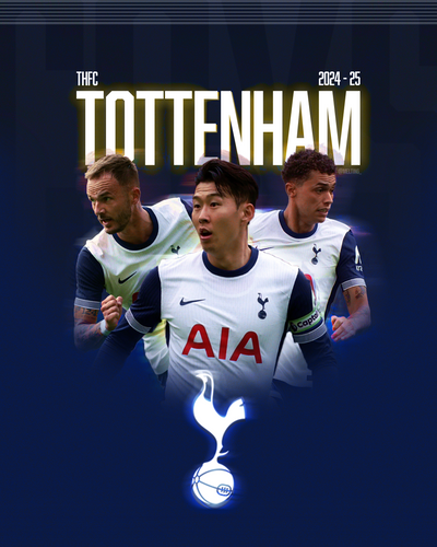 Tottenham Hotspur football players with the club logo and text on a dark blue background