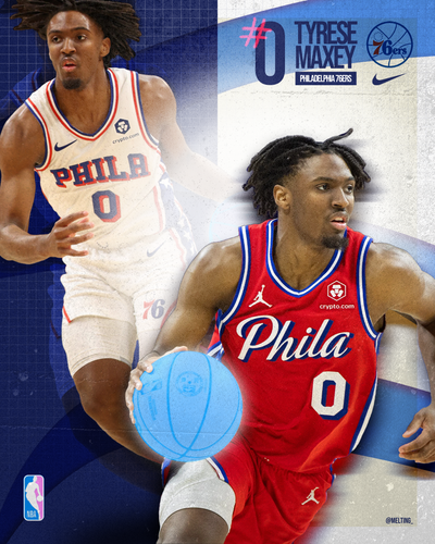 Playing card-style poster of Tyrese Maxey name on a sports-themed background