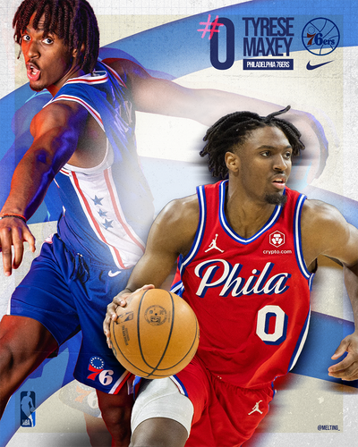 Playing card-style poster of Tyrese Maxey name on a sports-themed background